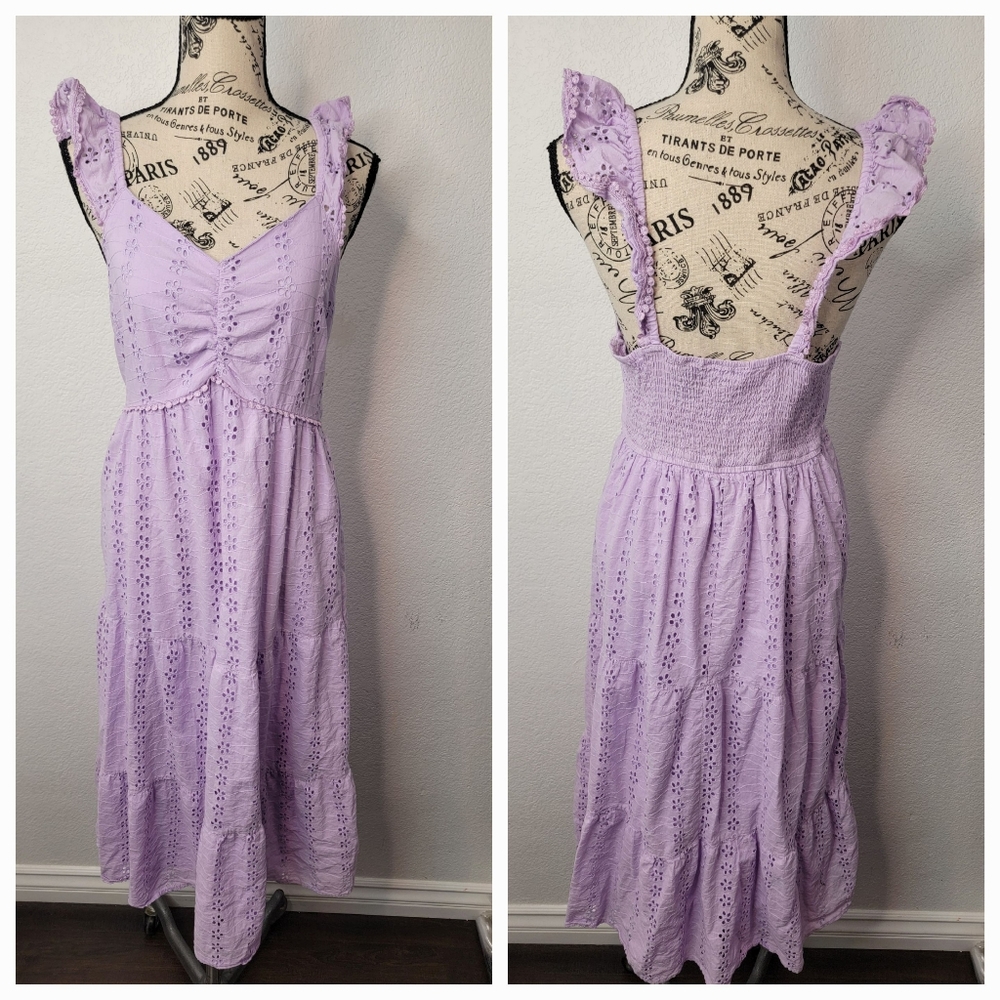 Sincerely Jules Mini Dress Sz Large Lined Cotton Eyelet Tiered Lavender